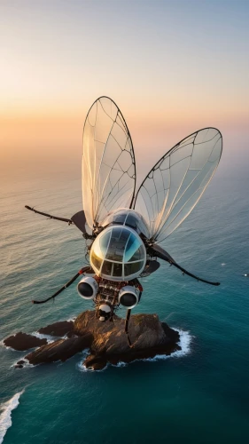 glass wing butterfly,paraglider sunset,futuristic architecture,drone bee,glass wings,cocoon of paragliding,paraglider,flying insect,alien ship,biomimicry,flying saucer,seasteading,futuristic landscape,skycycle,helikopter,kitesurfer,sea swallow,paraglide,bi-place paraglider,propellor,Photography,General,Realistic