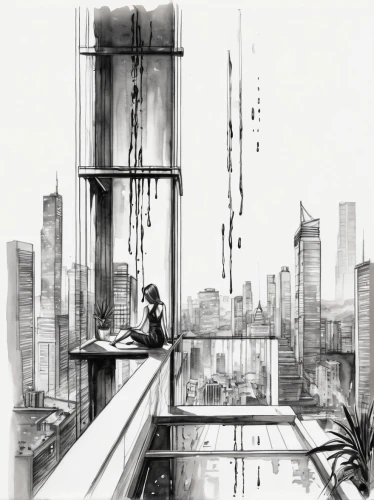 arcology,skyscraping,skywalks,skyways,skybridge,acrophobia,tall buildings,high rise,highrises,neuromancer,city scape,game drawing,highrise,megacities,cityscapes,window washer,industrial landscape,skywalking,environments,vertiginous,Illustration,Black and White,Black and White 34