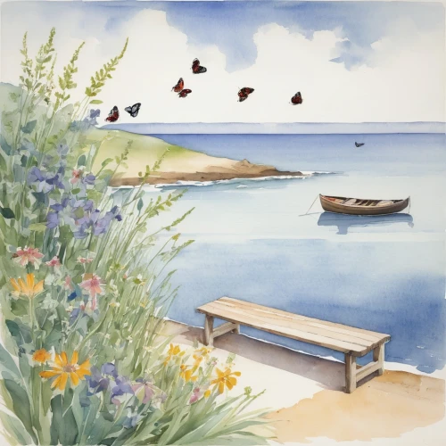 watercolor background,watercolor,bench by the sea,watercolorist,watercolor painting,beach landscape,watercolours,coastal landscape,watercolour,watercolour paint,sea landscape,nantucket,watercolourist,water color,landscape with sea,watercolor sketch,sea beach-marigold,watercolors,boat landscape,watercolour frame,Illustration,Paper based,Paper Based 22