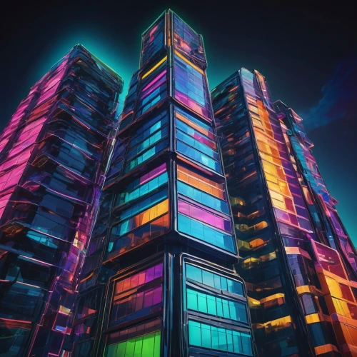 tetris,hypermodern,cybercity,vdara,colored lights,colorful city,skyscraper,pc tower,colorful light,escala,electric tower,urban towers,cybertown,ctbuh,apartment block,colorful facade,cyberpunk,the energy tower,glass building,high rises,Art,Artistic Painting,Artistic Painting 37
