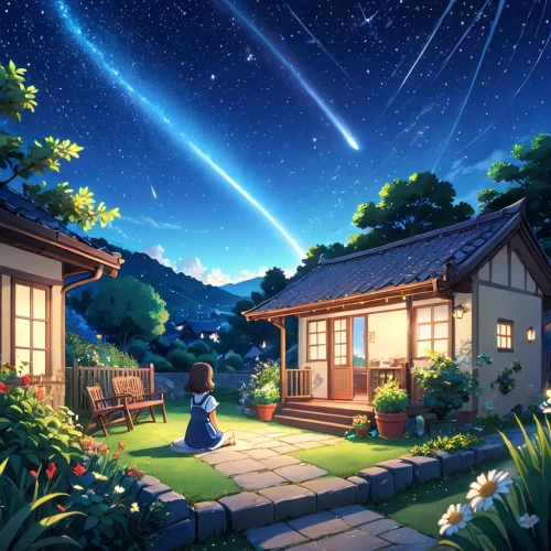 tanabata,starry sky,starry night,starbright,fireflies,meteor shower,starlit,the night sky,night scene,night sky,night stars,clear night,starlight,stargazing,star sky,nightsky,starscape,perseids,ghibli,falling stars,Anime,Anime,Traditional