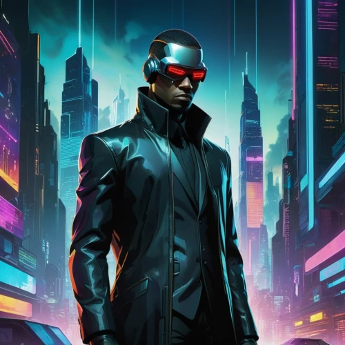 cyberpunk,morpheus,cybertrader,neuromancer,jarvis,shadowrun,3d man,maximilien,cyberdyne,cyberian,daredevil,cybernetic,spymaster,timecop,deadshot,blade,cybernetically,a black man on a suit,cybersmith,cypherpunk,Illustration,Realistic Fantasy,Realistic Fantasy 29