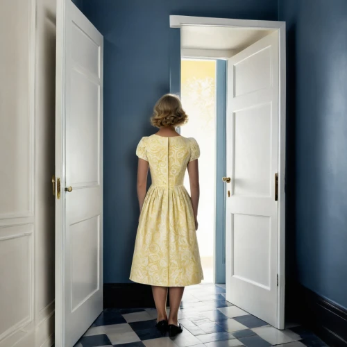 yellow wallpaper,vintage dress,girl in a long dress from the back,mitford,blandings,a floor-length dress,butterick,housemaid,girl walking away,redress,dressmaker,housework,housedress,dressmakers,the girl in nightie,dressmaking,harmlessness,fifties,a girl in a dress,philomena,Illustration,Black and White,Black and White 32