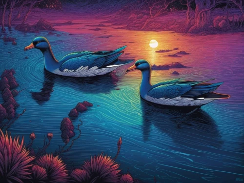 flamingos,swan lake,swans,patos,swan pair,water birds,evening lake,pelicans,water fowl,duck on the water,flamingo couple,canadian swans,flamingoes,flotilla,wild ducks,constellation swan,bird painting,geese,fantasy picture,swan on the lake,Illustration,Realistic Fantasy,Realistic Fantasy 25