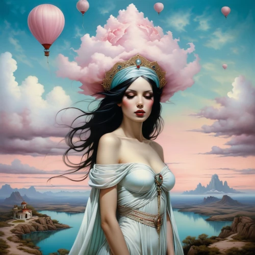 fantasy art,fantasy picture,fantasy portrait,fantasy woman,dreamscapes,sky rose,persephone,hesperides,amphitrite,viveros,mystical portrait of a girl,faerie,faery,enchantment,fairy queen,ballooning,inanna,balloonist,pink balloons,bacchante,Illustration,Realistic Fantasy,Realistic Fantasy 10