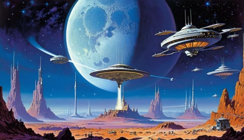 futuristic landscape,alien world,alien planet,skyterra,homeworld,valerian,ufos,uncredited,sci fiction illustration,space ships,moebius,ringworld,homeworlds,ufo interior,interplanetary,scifi,barsoom,cardassia,futuregen,planetwide,Conceptual Art,Sci-Fi,Sci-Fi 19