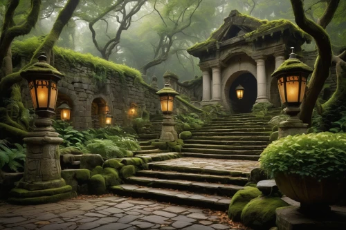 witch's house,labyrinthian,house in the forest,fairy village,moss landscape,forest house,ancient house,elven forest,green garden,the mystical path,forest path,the threshold of the house,fantasy picture,crypts,fantasy landscape,haunted forest,labyrinth,fairy house,hall of the fallen,witch house,Illustration,Realistic Fantasy,Realistic Fantasy 22