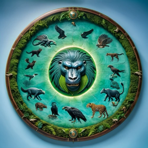 glass signs of the zodiac,zodiacal signs,dharma wheel,zodiacal sign,orishas,zodiac sign leo,monkey god,alethiometer,decorative plate,primatology,chima,the law of the jungle,animal icons,round animals,tamarin,utan,shamanism,africom,primatologist,earth chakra