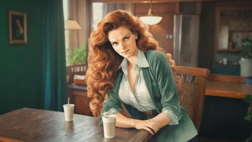 maureen o'hara - female,woman at cafe,redhead doll,retro woman,redhair,vintage woman,wynonna,woman drinking coffee,schoolmistress,redheads,ginger rodgers,irisa,rousse,redhead,latynina,in green,red head,green jacket,heather green,red hair
