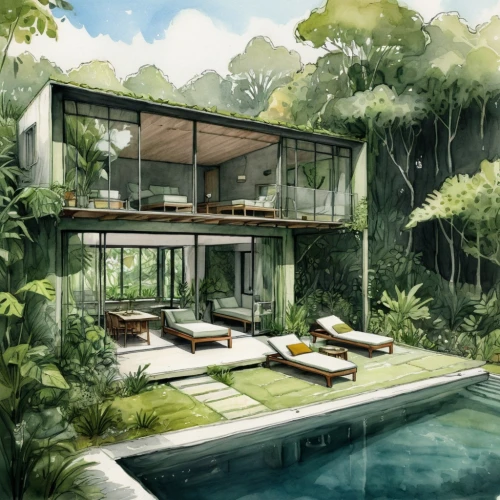 tropical house,landscape design sydney,amanresorts,landscape designers sydney,tropical greens,luxury property,forest house,dreamhouse,modern house,holiday villa,3d rendering,pool house,amazonia,garden design sydney,fresnaye,house in the forest,tropical forest,renderings,beautiful home,home landscape,Illustration,Black and White,Black and White 02