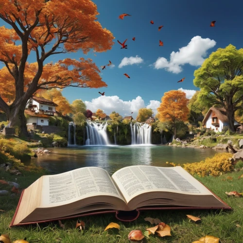 autumn background,book wallpaper,autumn landscape,fall landscape,autumn scenery,autumn idyll,nature background,nature wallpaper,fantasy picture,storybook,autumn theme,landscape background,turn the page,autumn songs,one autumn afternoon,fantasy landscape,magic book,autumn day,background view nature,bibliophile,Photography,General,Realistic