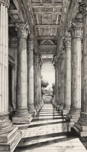 colonnaded,greek temple,glyptothek,doric columns,columns,colonnades,ephesus,pillars,celsus library,zappeion,peristyle,artemis temple,temple of diana,colonnade,roman columns,roman temple,bernini's colonnade,pergamon,neoclassical,marble palace,Illustration,Black and White,Black and White 34