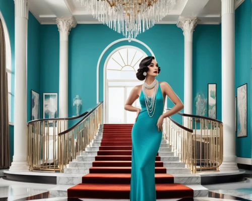 art deco,art deco woman,art deco background,mouawad,hallway,art deco frame,staircase,petrossian,a floor-length dress,baccarat,opulence,mazarine blue,opulent,lanesborough,neoclassic,tosca,girl on the stairs,rosecliff,neoclassical,eveningwear,Art,Artistic Painting,Artistic Painting 43