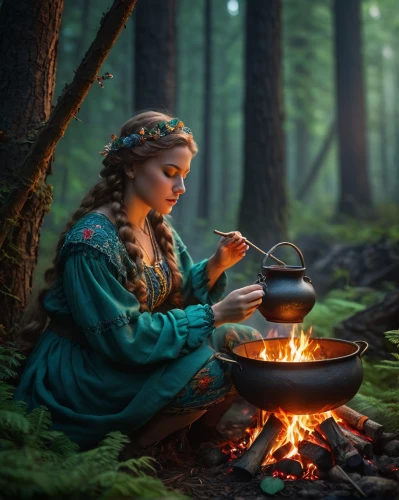 dwarf cookin,girl with bread-and-butter,outdoor cooking,russian folk style,shepherdess,druidry,toil,kupala,girl in the kitchen,fire making,campfire,cookstoves,fairie,cookery,vasilisa,thorhild,gunnhild,the night of kupala,firelight,vinland,Photography,General,Fantasy