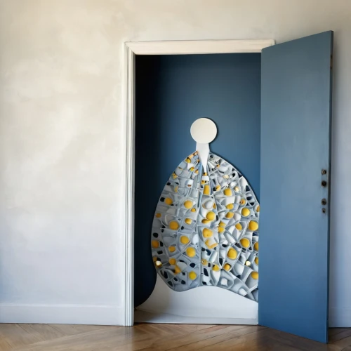 yellow wallpaper,metallic door,paper art,wall decoration,wall lamp,wall paint,foscarini,room door,wall light,decorative art,interior decoration,wallcoverings,mosaic glass,interior decor,fromental,wall painting,yellow wall,hirst,wallcovering,glass painting,Illustration,Black and White,Black and White 32