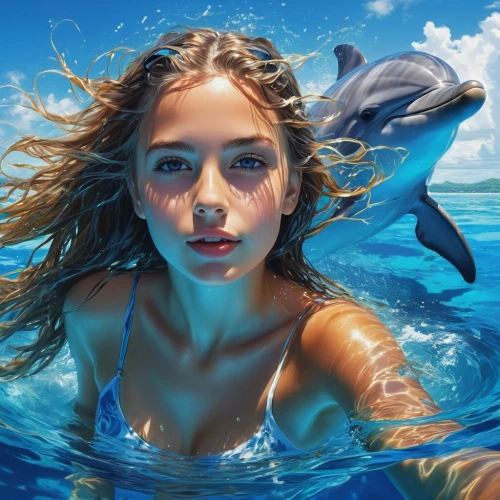 girl with a dolphin,dolphin swimming,donsky,underwater background,dolphins in water,wyland,underwater world,dolphin background,dolphin rider,photorealist,dolphin,dolphins,oceanic dolphins,mermaid background,world digital painting,underwater landscape,underwater,bottlenose dolphins,ocean underwater,photoshop manipulation,Conceptual Art,Fantasy,Fantasy 12