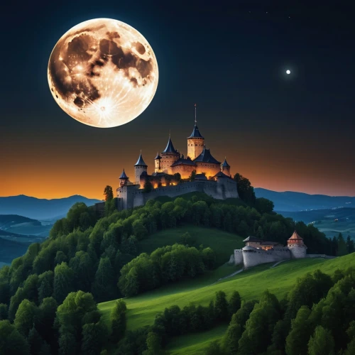 fairy tale castle sigmaringen,dracula castle,fantasy picture,fairy tale castle,moonlit night,fairytale castle,moon and star background,bran castle,full moon,fairy tale,super moon,moonlighted,fairytale,moon at night,transylvania,fantasy landscape,slovenia,carpathians,northern black forest,moon photography,Photography,General,Realistic