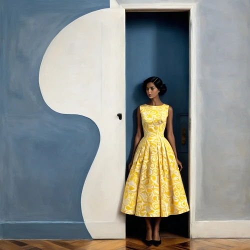 yellow wallpaper,a floor-length dress,girl in a long dress,sagmeister,a girl in a dress,rankin,girl in a long dress from the back,yelang,cappellini,woman silhouette,yellow background,fromental,sarafina,leontyne,pleasantville,horst,vitra,redress,vermeer,schiaparelli,Illustration,Black and White,Black and White 32