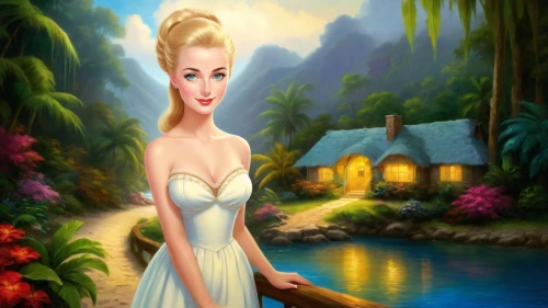 cartoon video game background,mermaid background,fairy tale character,thumbelina,the blonde in the river,tinkerbell,amphitrite,fantasy picture,cendrillon,landscape background,disneyfied,glinda,elsa,ninfa,faires,gothel,fantasy woman,fairyland,background image,cinderella
