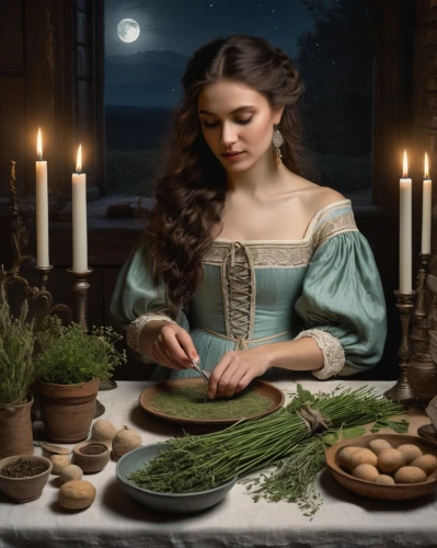 candlemaker,mystic light food photography,lughnasadh,celtic woman,herbalists,rosicrucians,imbolc,rosicrucianism,scotswoman,woman holding pie,belle,herbalist,romantic dinner,herbalism,candlelit,cookery,caitriona,mabon,noblewomen,dinnerstein,Photography,General,Fantasy