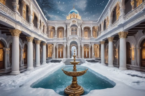 ice castle,theed,marble palace,saintpetersburg,peterhof palace,saint petersburg,kondos,st petersburg,atlantis,white temple,peterhof,palaces,lavra,czarist,fairytale castle,europe palace,venetian,deruta,water palace,winter house,Illustration,Realistic Fantasy,Realistic Fantasy 43