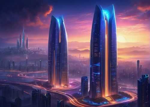 futuristic landscape,futuristic architecture,coruscant,monoliths,cybercity,citadels,supertall,urban towers,megastructures,cyberport,arcology,skyscrapers,ordos,homeworlds,cybertown,international towers,skylstad,homeworld,city cities,coldharbour,Illustration,Realistic Fantasy,Realistic Fantasy 01