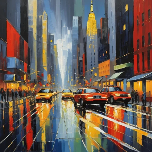 cityscapes,city scape,cityscape,levinthal,oil painting on canvas,dubbeldam,chrysler building,colorful city,ueberroth,street lights,citylights,art painting,new york,newyork,city lights,photorealist,new york taxi,bachrach,new york streets,bischoff,Art,Artistic Painting,Artistic Painting 43