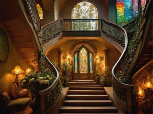 staircase,stairway,outside staircase,staircases,escalera,stairwell,stone stairway,hallway,stained glass windows,entryway,escaleras,upstairs,stairwells,art nouveau frames,stairways,winding staircase,entranceway,victorian,victorian room,stained glass,Illustration,Realistic Fantasy,Realistic Fantasy 29