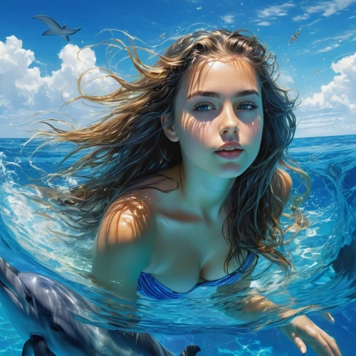 underwater background,donsky,water nymph,ocean underwater,underwater,under the water,underwater landscape,under water,girl with a dolphin,submerged,underwater world,wyland,mermaid background,amphitrite,blue waters,naiad,world digital painting,underwater oasis,buoyant,in water,Conceptual Art,Fantasy,Fantasy 12