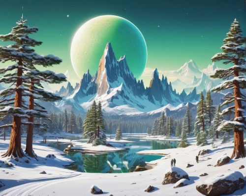 ice planet,christmas snowy background,icewind,winter background,elves country,landscape background,fantasy landscape,moon and star background,snowy mountains,northrend,cartoon video game background,snow landscape,snowy landscape,christmas landscape,fantasy picture,lunar landscape,coniferous forest,uzala,spruce forest,the northern lights,Conceptual Art,Sci-Fi,Sci-Fi 20