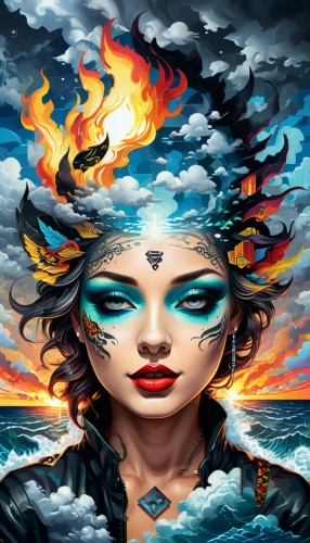 sirens,fantasy art,inanna,fantasy portrait,siren,medusa,world digital painting,aquarius,fire and water,tour to the sirens,firewind,mermaid background,samudra,fire siren,niobe,hecate,fantasy picture,thyatira,the wind from the sea,fire background,Illustration,Realistic Fantasy,Realistic Fantasy 39