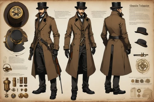 greatcoat,steampunk,trenchcoats,tailcoat,blunderbuss,tannenberg,greatcoats,stovepipe hat,tailcoats,nwmp,manteau,homburg,arquebusiers,haberdasher,earps,usct,imperial coat,nobleman,peacoats,carabantes,Unique,Design,Character Design