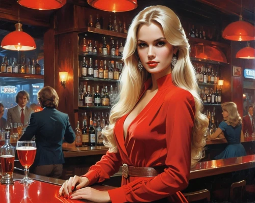 barmaid,bartender,man in red dress,barmaids,girl in red dress,lady in red,barkeep,bartending,barkeeper,barman,woman at cafe,liquor bar,campari,cigarette girl,blonde woman,bar,baijiu,waitress,cocktail,kafana,Conceptual Art,Fantasy,Fantasy 12