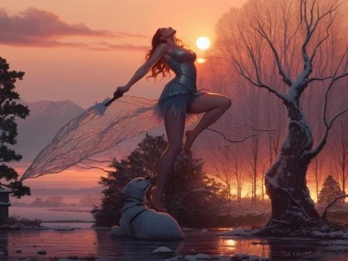 kupala,fantasy picture,fire dancer,naiad,naiads,faerie,amphitrite,faery,daybreak,water nymph,thermal spring,the night of kupala,maenads,mermaid silhouette,fairies aloft,mother earth statue,ballerina in the woods,riverdance,mother nature,fantasy art,Illustration,Realistic Fantasy,Realistic Fantasy 25