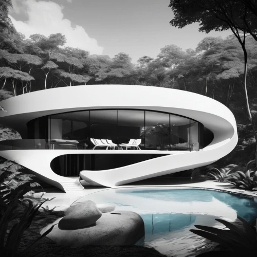 futuristic architecture,lubetkin,futuristic landscape,3d rendering,dreamhouse,landscape design sydney,mid century house,pool house,dunes house,seidler,fallingwater,renderings,mid century modern,neutra,infinity swimming pool,modern architecture,tropical house,garden design sydney,sketchup,renders,Illustration,Black and White,Black and White 33