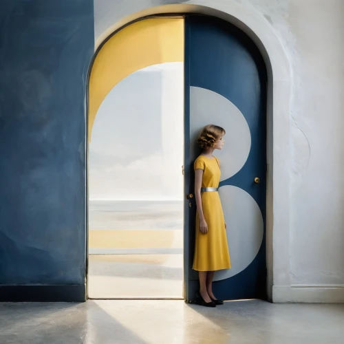 coigny,yellow and blue,annunciation,doorways,the annunciation,yellow wall,girl in a long dress,mcconaghy,girl on the stairs,demarchelier,delvaux,miniaturist,vermeer,open door,ektachrome,art deco woman,doorkeeper,blue door,seydoux,margaery,Illustration,Black and White,Black and White 32