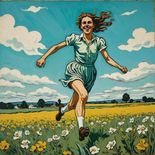 chamomile in wheat field,flying dandelions,girl in flowers,female runner,little girl in wind,sprint woman,girl picking flowers,walking in a spring,primavera,little girl running,field of rapeseeds,cheerfulness,jubilance,leap for joy,exuberance,jubilant,sower,oxeye daisy,sprinting,countrywoman,Art,Artistic Painting,Artistic Painting 07