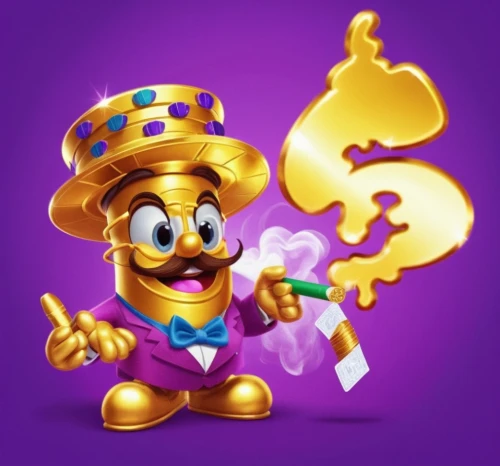 huegun,gold and purple,wand gold,purple and gold,golcuk,goldstick,mayor,pot of gold background,ringmaster,posgold,ernesto,wah,raid,goldminer,btd,rastapopoulos,randgold,goldfeder,rayman,glomgold,Unique,3D,3D Character