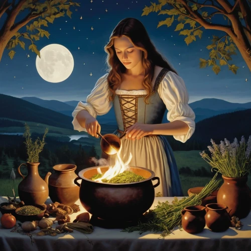 kupala,imbolc,mabon,lughnasadh,hildebrandt,woman holding pie,girl in the kitchen,beltane,fantasy picture,celebration of witches,belle,the night of kupala,girl with bread-and-butter,girl picking apples,woman eating apple,outdoor cooking,abenaki,cookery,cooking book cover,serafina,Illustration,Realistic Fantasy,Realistic Fantasy 09