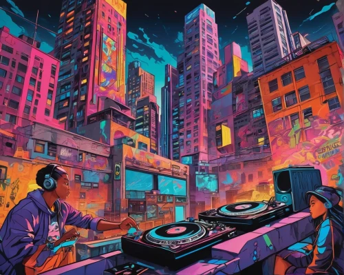 cyberpunk,synth,colorful city,cityscape,digitalism,vector illustration,cyberscene,atrak,metropolis,cybercity,electronica,tokyo city,fantasy city,vector art,illo,dj,miami,muzik,ddj,urban,Conceptual Art,Oil color,Oil Color 24