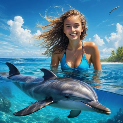 girl with a dolphin,dolphin rider,dolphin background,dolphin swimming,wyland,oceanic dolphins,trainer with dolphin,dolphin,dolphins,dolphins in water,two dolphins,whitetip,delphinus,underwater background,dusky dolphin,dolphin show,donsky,tursiops,bottlenose dolphins,porpoise,Conceptual Art,Fantasy,Fantasy 12