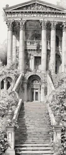 athenaeum,celsus library,palladian,neoclassical,marble palace,pemberley,walhalla,halicarnassus,palladianism,outside staircase,colonnaded,staircase,nostell,entablature,greystone,italianate,kykuit,icon steps,neoclassicist,celsus,Illustration,Black and White,Black and White 34