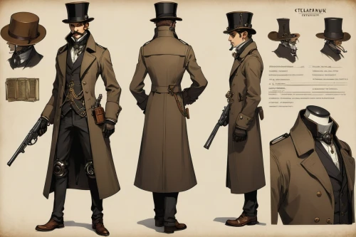 tailcoat,steampunk,greatcoat,blunderbuss,victoriana,layton,dickensian,victorian style,the victorian era,trenchcoats,stovepipe hat,victorianism,greatcoats,baskerville,tailcoats,peacoats,overcoats,victorian,sarjeant,overcoat,Unique,Design,Character Design