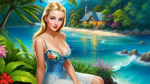 mermaid background,summer background,the blonde in the river,fantasy picture,landscape background,amphitrite,the sea maid,beach background,atlantica,girl on the river,ariel,pin-up girl,love background,nature background,hawaiiana,fantasy art,fairy tale character,tropical floral background,ocean background,faires