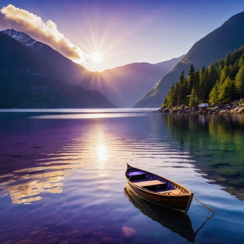 boat landscape,old wooden boat at sunrise,beautiful lake,calm water,calm waters,tranquility,calmness,canoeing,row boat,tranquillity,wooden boat,serenity,canoe,evening lake,sun reflection,mountain lake,rowing boat,floating over lake,beautiful landscape,canoes,Photography,General,Realistic