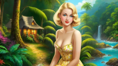 the blonde in the river,fantasy picture,secret garden of venus,landscape background,ninfa,garden of eden,fantasy art,amazonia,pin-up girl,tropico,cartoon video game background,amphitrite,pin ups,amazonica,background ivy,tinkerbell,forest background,mermaid background,pin up girl,fantasy woman