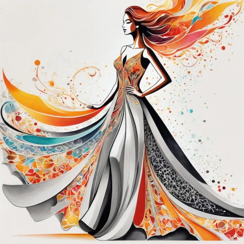 fashion vector,boho art style,watercolor women accessory,boho art,watercolor paint strokes,dance with canvases,girl in a long dress,flamboyance,woman silhouette,vibrantly,danseuse,women fashion,bohemian art,coreldraw,fabric painting,watercolor painting,scarfe,watercolor background,evening dress,vibrancy,Illustration,Black and White,Black and White 32