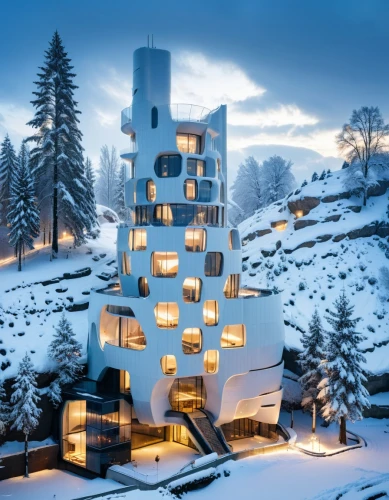 cubic house,snowhotel,winter house,cube stilt houses,snow house,cube house,snow roof,bjarke,winter village,residential tower,apartment building,gehry,escher village,house in mountains,alpine village,hejduk,menger sponge,ice castle,snow shelter,modern architecture,Photography,General,Realistic