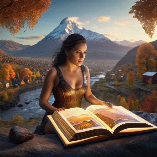 fantasy picture,fantasy art,girl studying,autumn background,storybook,magic book,world digital painting,little girl reading,mystical portrait of a girl,spellbook,fantasy landscape,llibre,bibliophile,sci fiction illustration,lectura,turn the page,storybooks,book wallpaper,autumn idyll,autumn landscape,Photography,General,Sci-Fi