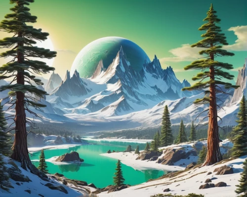 landscape background,mountain scene,ice planet,cascadia,winter background,nature background,cartoon video game background,mountain landscape,coniferous forest,snowy mountains,christmas snowy background,snow landscape,mountainous landscape,snowy peaks,snow mountain,alpine landscape,fir forest,snow mountains,mountain world,cascadian,Conceptual Art,Sci-Fi,Sci-Fi 20
